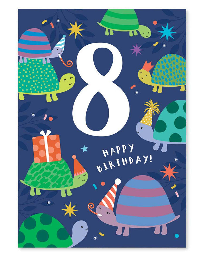 Birthday card with turtles and the number 8 on a blue background