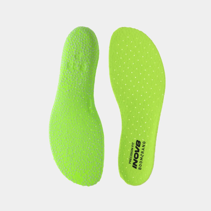 Pair of INOV8 Boomerang Footbed insoles, one showing the bottom, the other showing the top