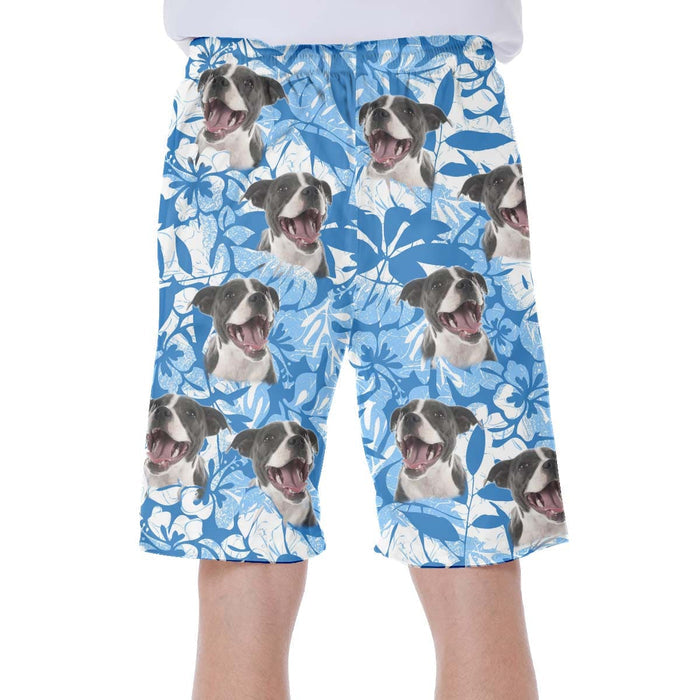 Custom Hawaiian Short With Dog Face | Personalized Gift For Puppy Lovers | Leaves & Flowers Pattern Blue Color Aloha Short