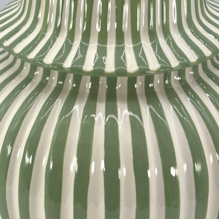 Green and white striped 18 inch ceramic ginger jar with lid