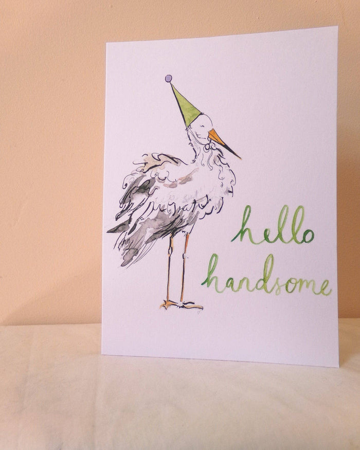 La La Lu Handsome Stork watercolour greeting card for a new baby boy.