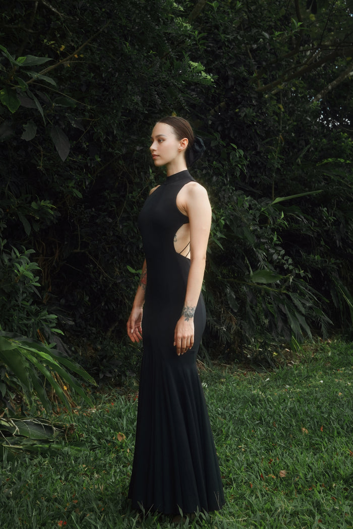 High-Neck Criss-Cross Backless Maxi Dress | Black