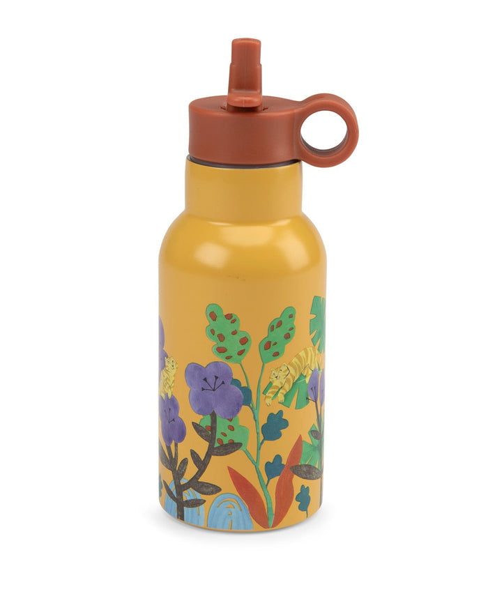 Yellow water bottle with floral design and brown lid on a white background