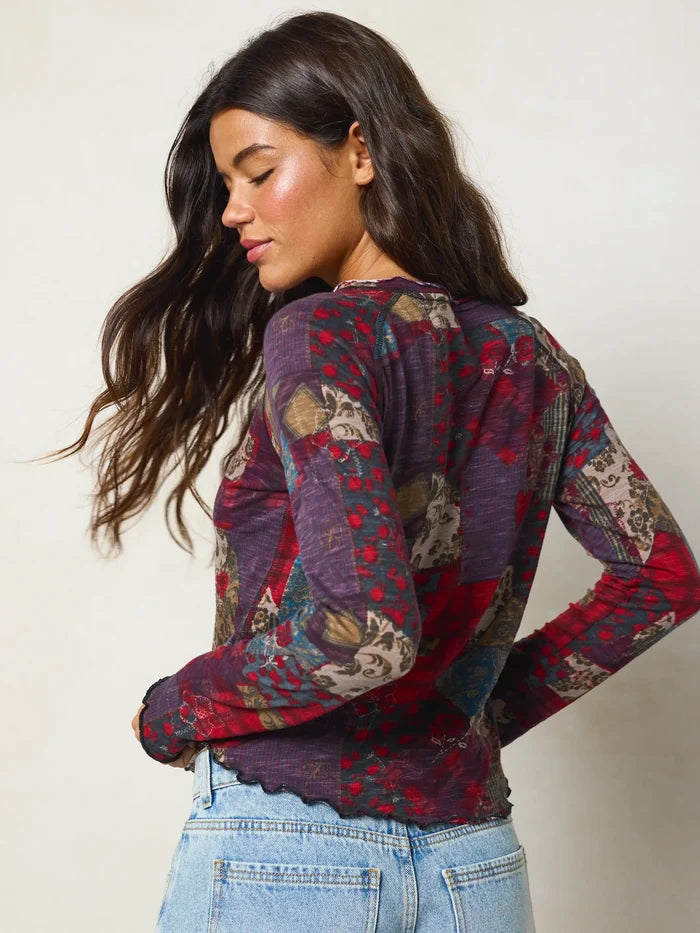Lily Cotton Long Sleeve Tee Shirt - Aspen Patchwork Burgundy-view 4