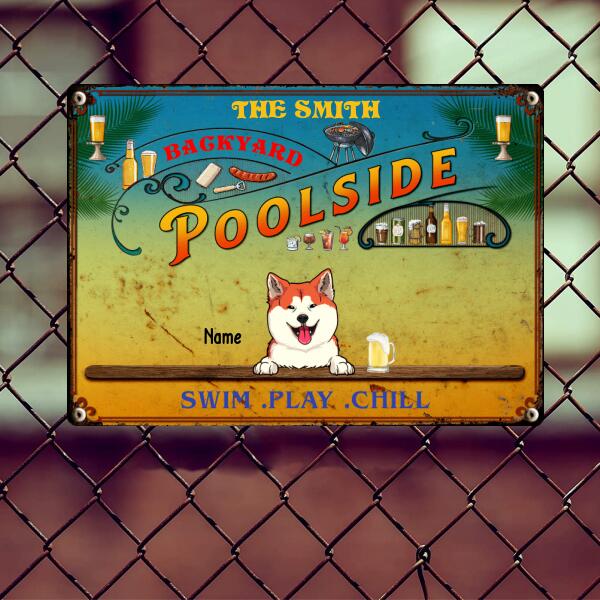 Pawzity Metal Backyard Poolside Signs, Gifts For Pet Lovers, Swim Play Chill Drink & Food Personalized Family Sign