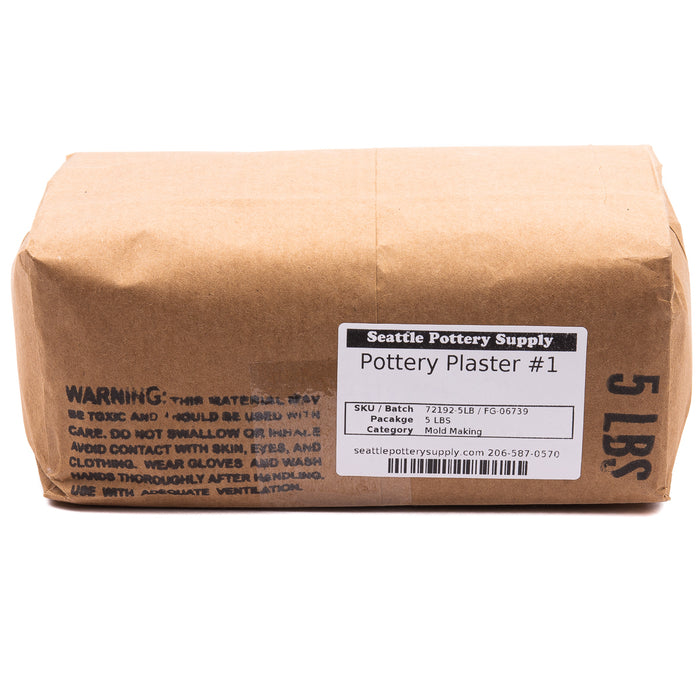 5 lb kraft paper bag of Pottery Plaster #1 with a Seattle Pottery Supply label and printed safety warning