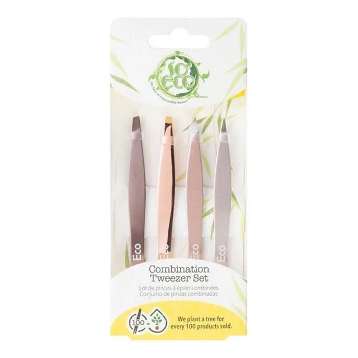 Stainless Steel Eyebrow & Lash Tweezer Set - Rose Gold - 4pcs