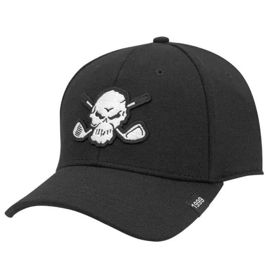 Black golf hat with a embroidered skull and crossbones design on the front panel.
