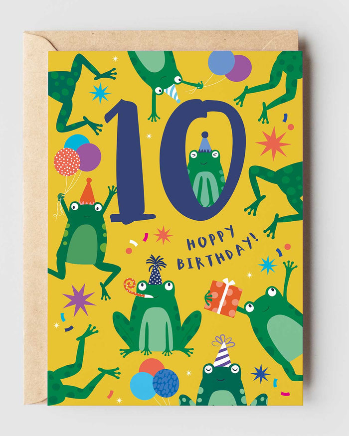 Birthday card with frogs and the number 10 on a yellow background