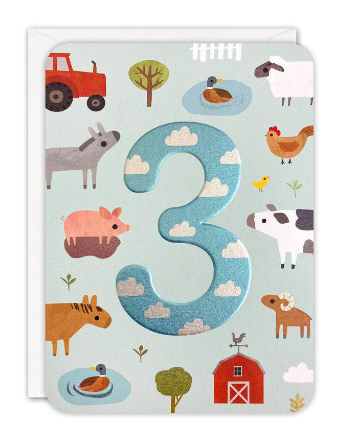 Card with number 3 and farm animal illustrations on a light blue background