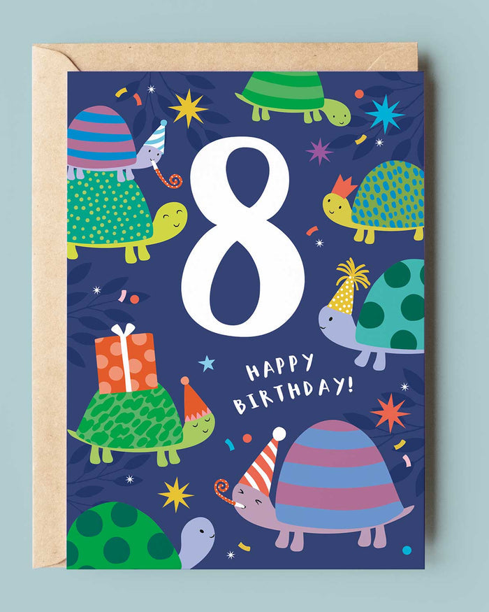 Children's birthday card with turtles and number 8 on a blue background