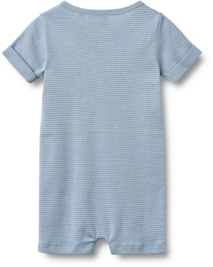 Blue striped baby romper on a white background