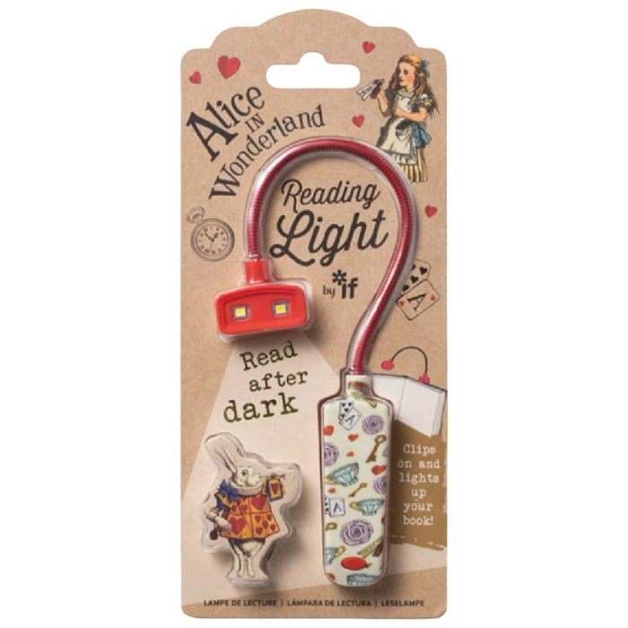 Alice in Wonderland clip-on LED book reading light by if USA with red flexible neck and illustrated packaging