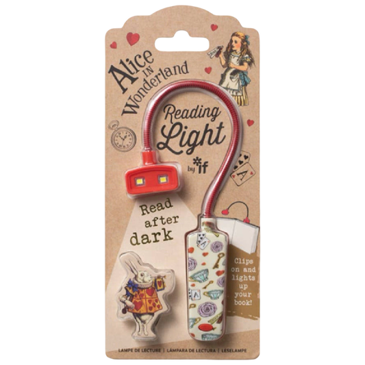 Alice in Wonderland clip-on LED book reading light by if USA with red flexible neck and illustrated packaging