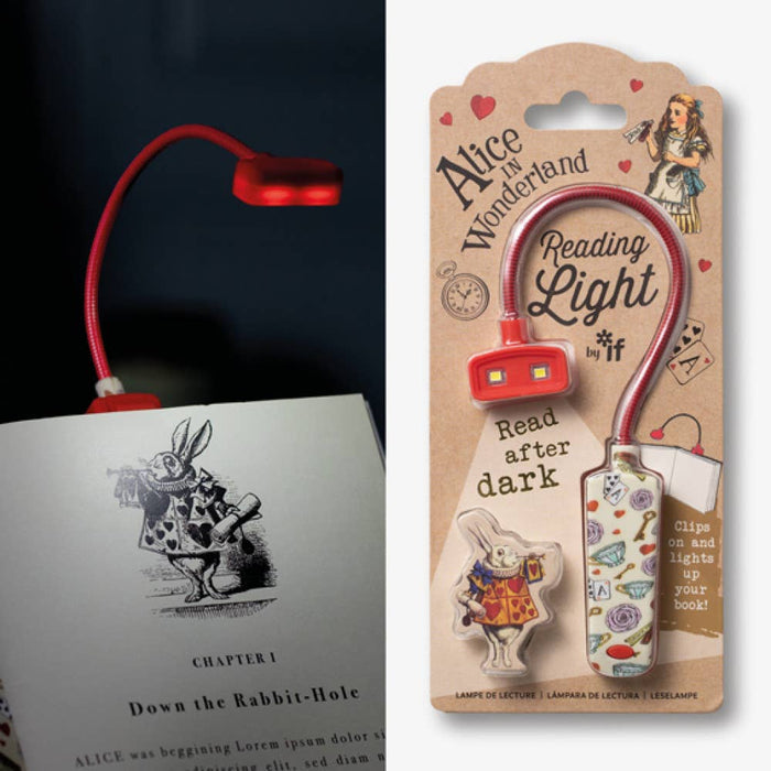 Alice in Wonderland clip-on LED book reading light by if USA with red flexible neck and illustrated packaging
