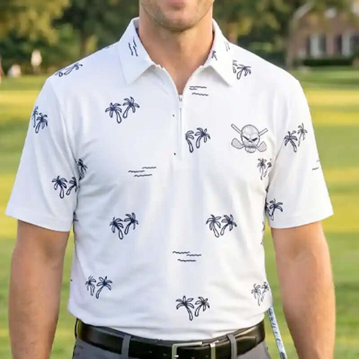 golfer wearing a white polo shirt with black patterns on a golf course