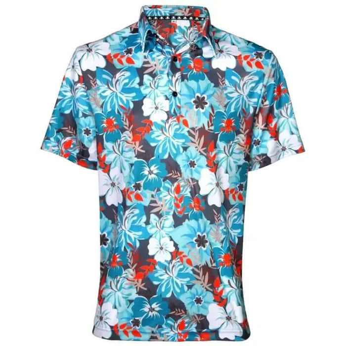 Aloha Men's Hawaiian Golf Shirt with a colorful floral pattern in teal and orange shades.