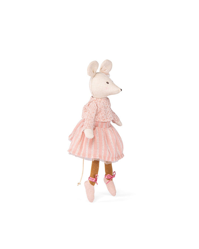 Stuffed mouse toy in a pink dress and ballet shoes on a white background