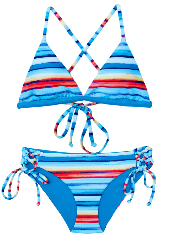 Reversible 2-Piece Bralette Top + Tri-Band Bottoms provide full coverage, and multi-colored stripes