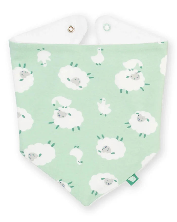 A triangular baby bandana bib with a mint green background and a white sheep pattern, featuring a white inner lining and snap closures at the top.