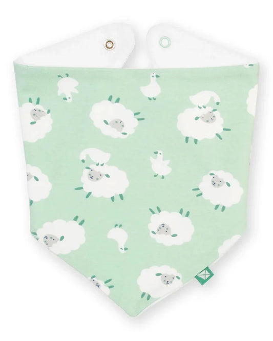 A triangular baby bandana bib with a mint green background and a white sheep pattern, featuring a white inner lining and snap closures at the top.