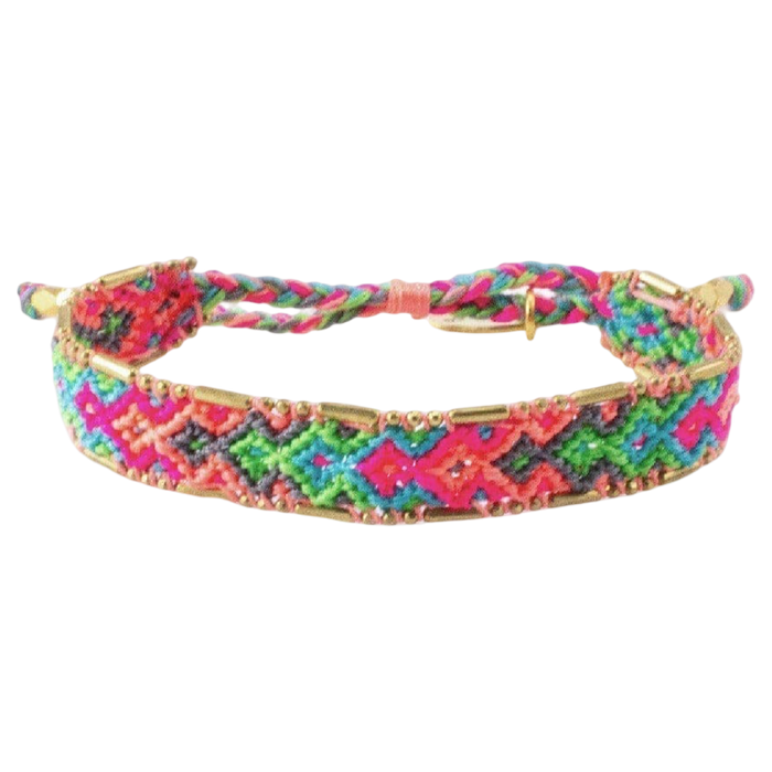 Colorful braided bracelet with geometric pattern on a white background