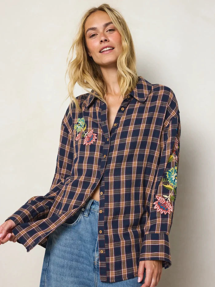 Barcelona Cotton Button Down - Navy Caramel Plaid-view 1