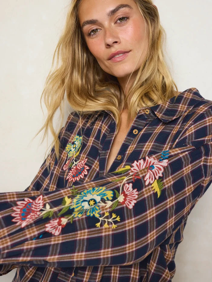Barcelona Cotton Button Down - Navy Caramel Plaid-view 2