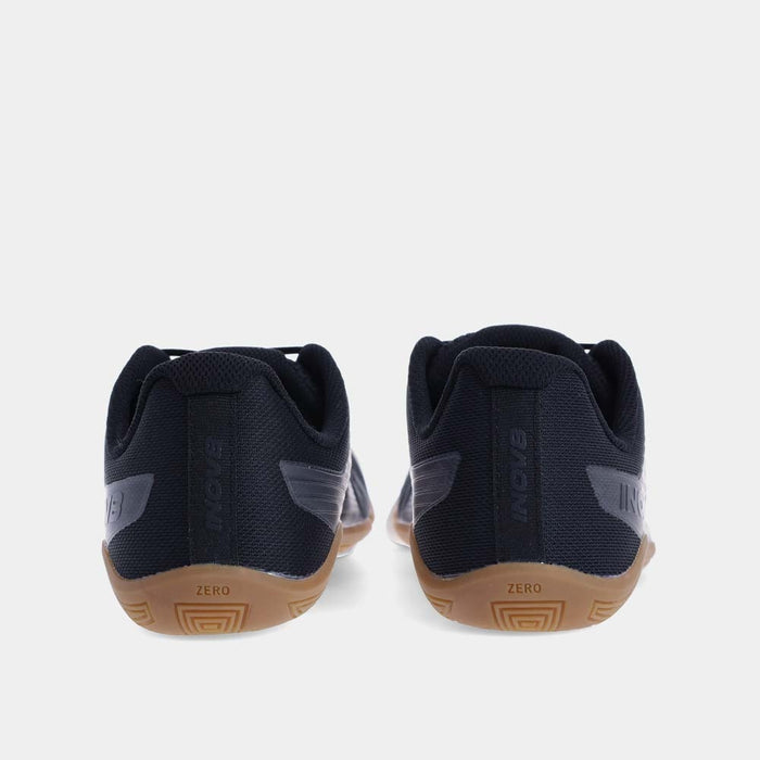 Pair of INOV8 Bare-XF V2 training shoes, black and gum, back view