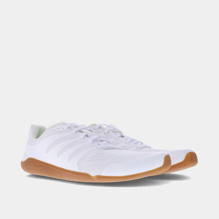 Pair of INOV8 Bare-XF V2 training shoes, white and gum, angled view