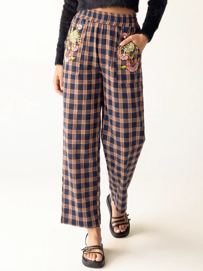 Beckett Embroidered Cotton Flannel Pants - Navy Caramel Plaid-view 1