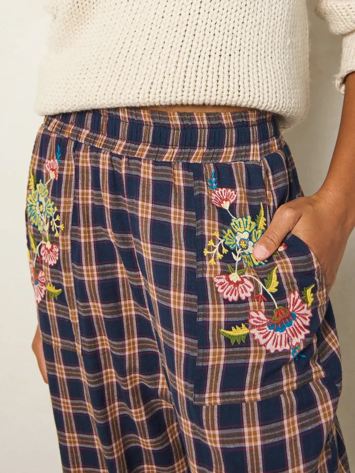 Beckett Embroidered Cotton Flannel Pants - Navy Caramel Plaid-view 2