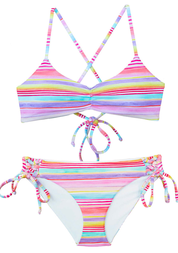 Bliss Bay two piece bikini colorful stripes by Chance Loves Swimwear, a brand from Laguna Beach, California