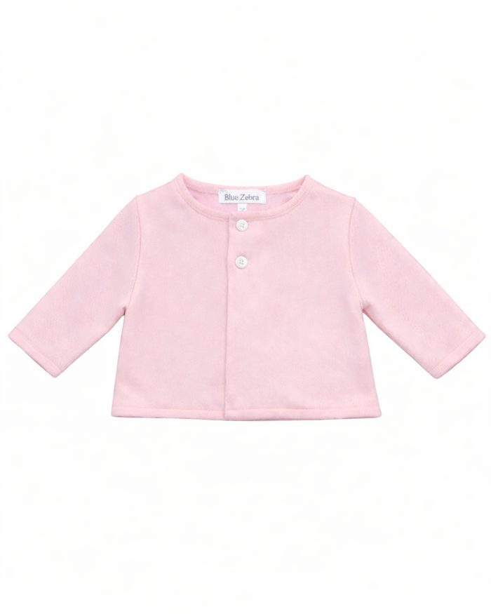 Pink baby cardigan on a white background