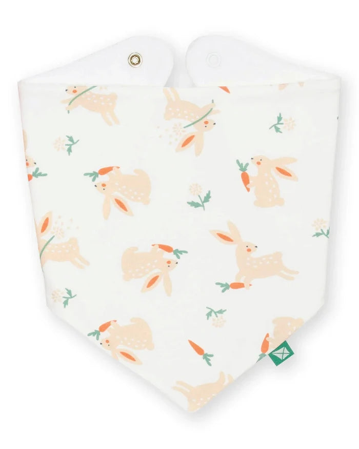 Baby bib with bunny and carrot pattern on a white background