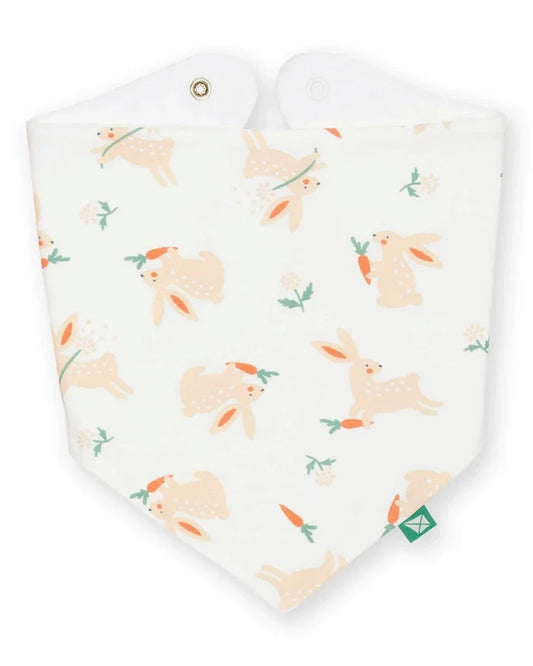 Baby bib with bunny and carrot pattern on a white background