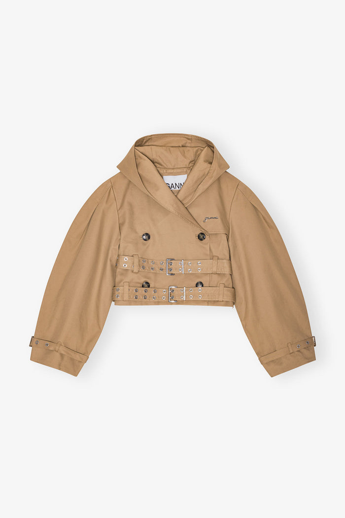 Camel Bonded Cotton Short Trench Jacket Jackets & Coats Ganni