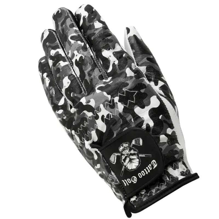 A man's hand wearing a white, black, and gray camouflage patterned golf glove with a visible logo on the back.