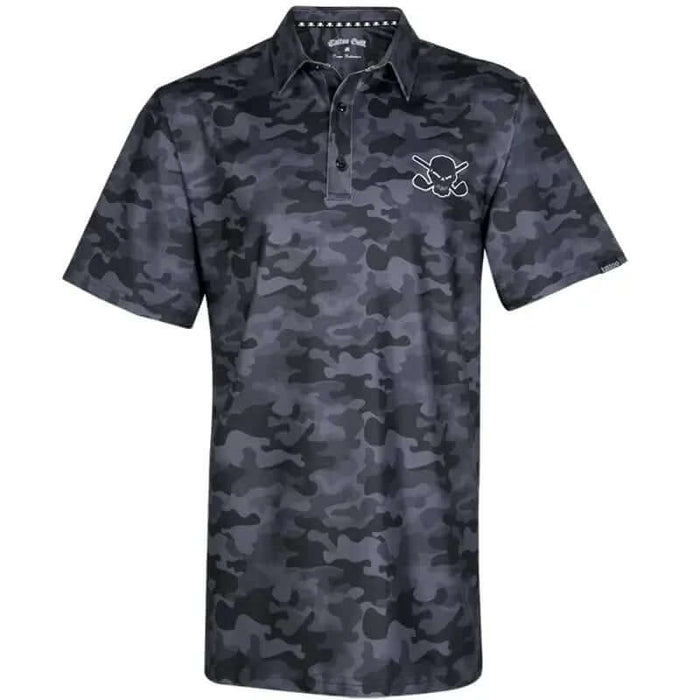 A black camouflage golf shirt with short sleeves, featuring a skull and crossed golf clubs design on the chest and back.