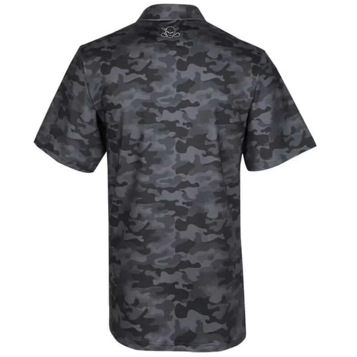 Back view of the Camo Cool-Stretch Golf Shirt showcasing the black camo pattern and Tattoo Golf logo.