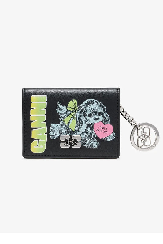 Card Holder in Blue With Flap and Dog Accessories Ganni