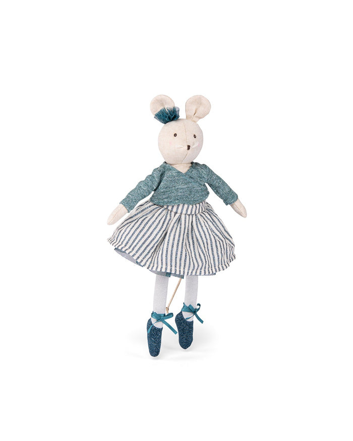 Stuffed toy mouse in a dress with striped skirt and ballet shoes on a white background