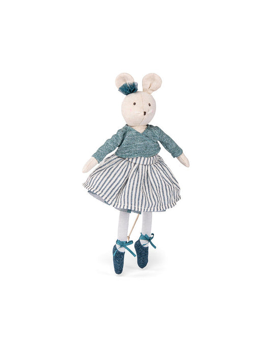 Stuffed toy mouse in a dress with striped skirt and ballet shoes on a white background