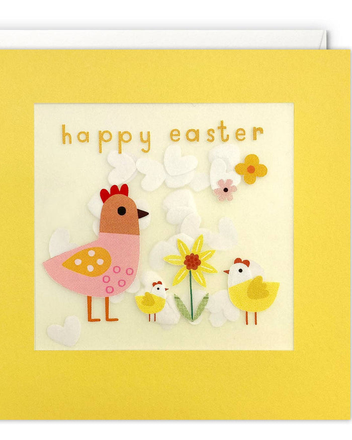 Happy Easter card with chickens, flowers, and a chick on a yellow background