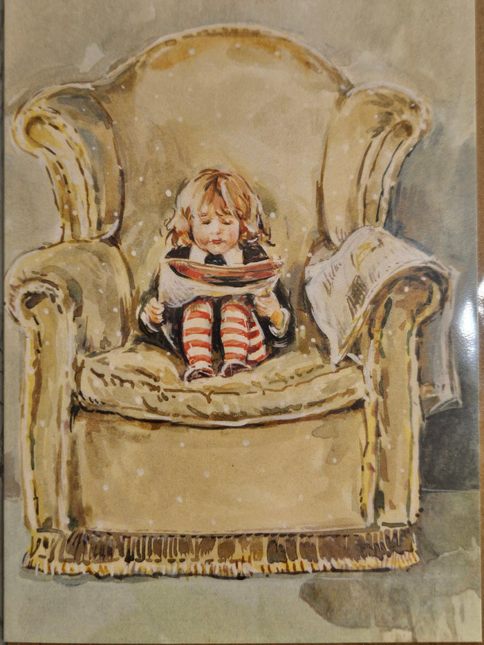 Illustration of a child in a coat sitting on a chair with a newspaper.