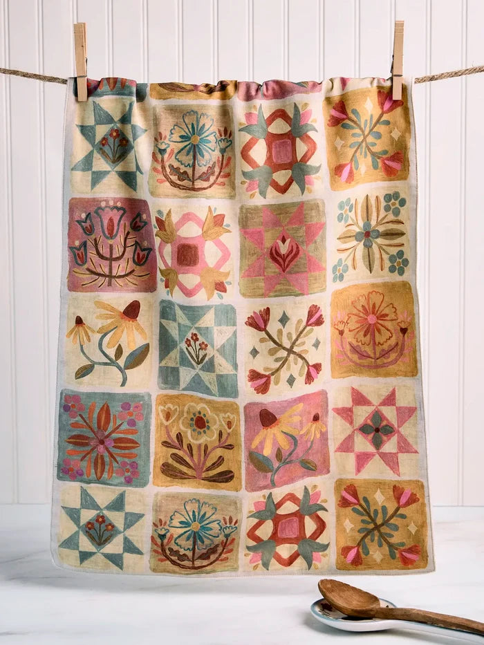Cotton Dish Towel - Folk Quilt Patchwork Cream-view 1
