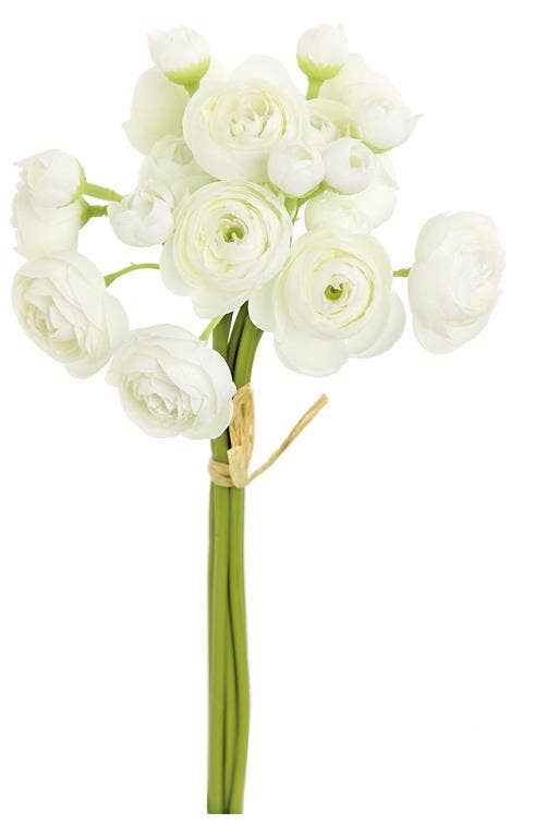 Bouquet of white flowers with green stems on a white background