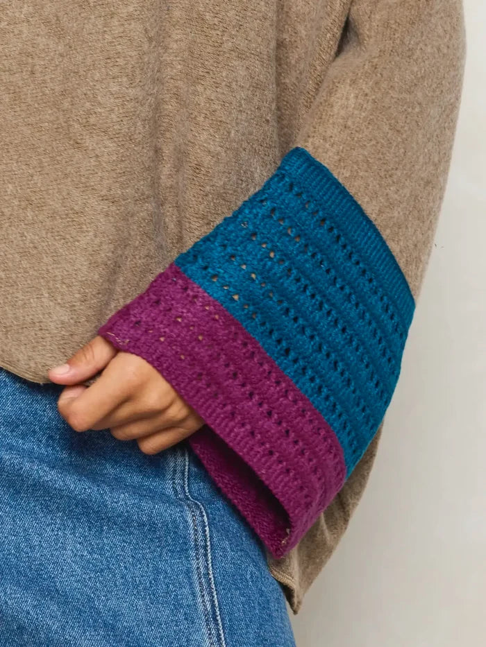 Crochet Trim Boxy Sweater - Brown-view 2