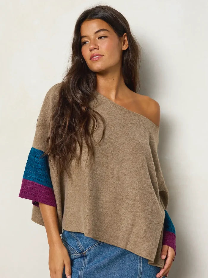 Crochet Trim Boxy Sweater - Brown-view 4