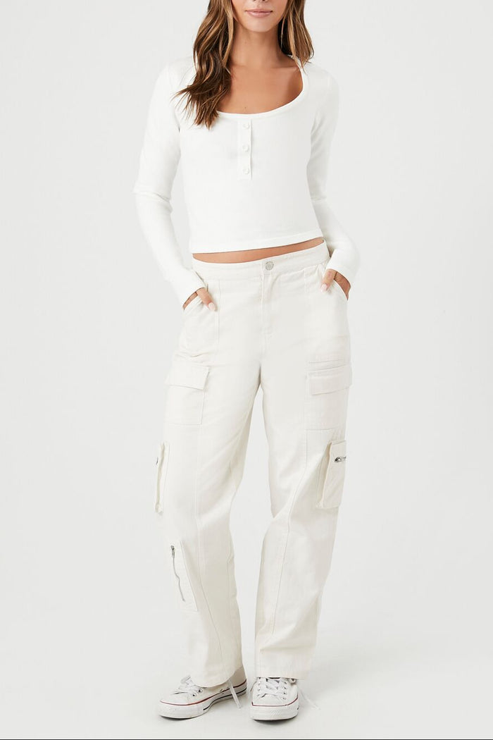 Cropped Sweater-Knit Henley Top